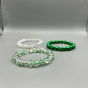 Beaded Stretch Bracelet Trio - Green and Clear - Handmade #B0113T
